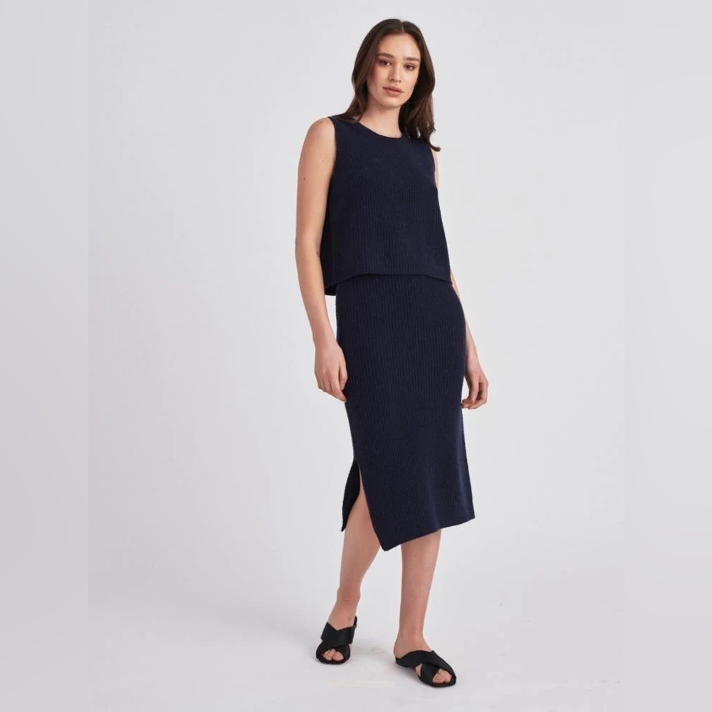 NWT White + Warren Cashmere Ribbed Shell Tank and Midi Pencil Skirt Set Navy